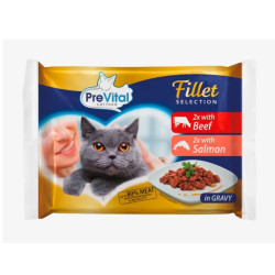 PreVital Filét Selection macskaeledel marhahússal és lazaccal, 85 g-os zacskó (4 db-os kiszerelés)