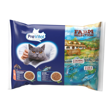 Prevital Farm Selection macskaeledel lazaccal és tőkehallal szószban, tasak 85 g (4 db-os kiszerelés)